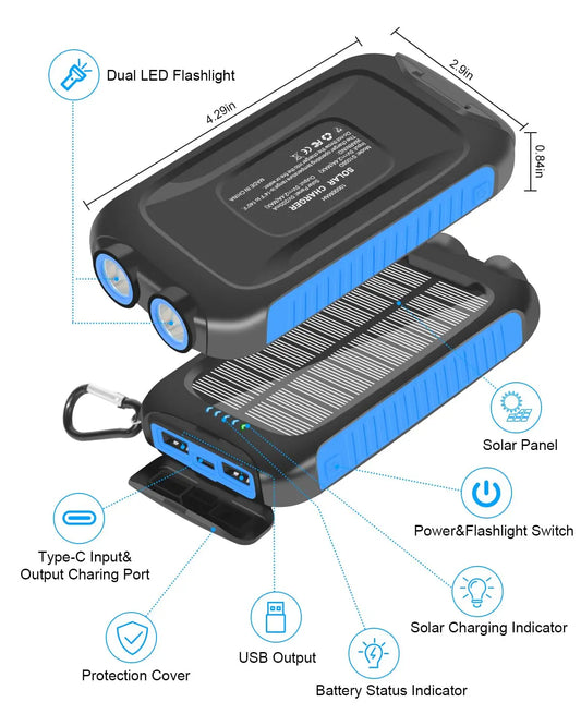 10000mAh Portable Waterproof Fast Charge Solar Power Bank